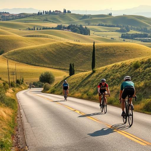 Ciclisti che percorrono una strada panoramica in Toscana con le colline sullo sfondo