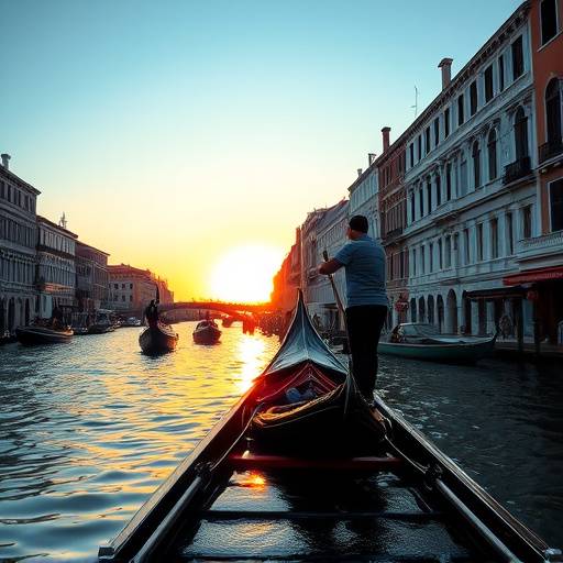 Un gondoliere che rema attraverso i canali di Venezia al tramonto