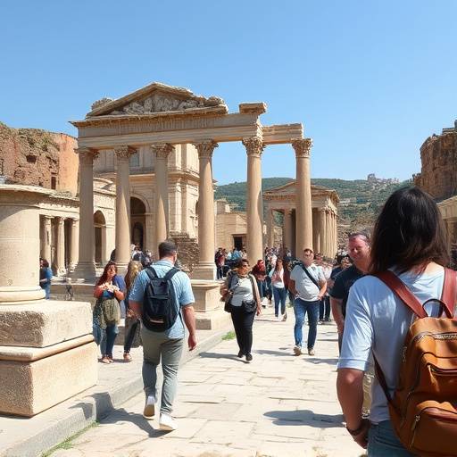 Un gruppo di persone che esplorano le rovine di Pompei con una guida turistica