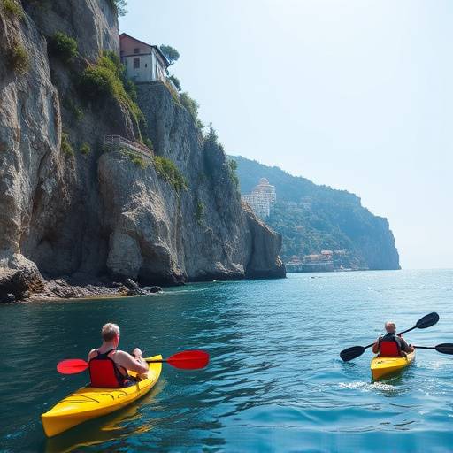 Un gruppo di persone che fa kayak nella Costiera Amalfitana con scogliere a picco sul mare