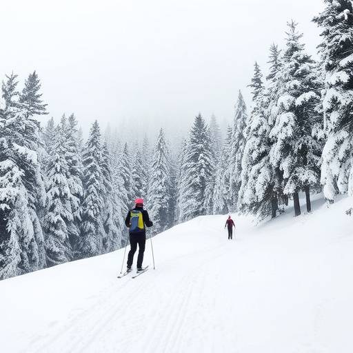 Un gruppo di persone che pratica sci di fondo in Val Gardena con una fitta foresta di conifere sullo sfondo