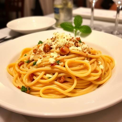 Un piatto di pasta alla carbonara, un tipico piatto romano, servito in un ristorante