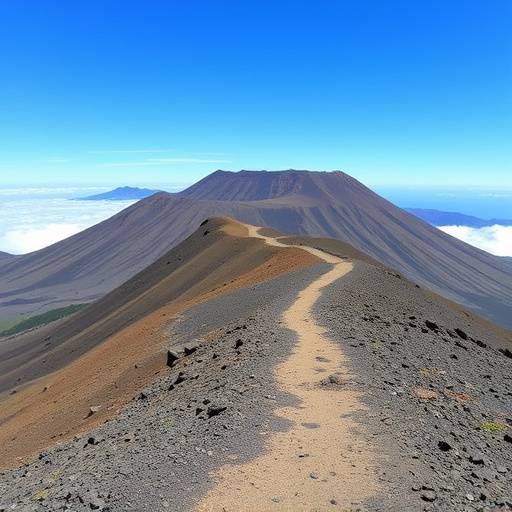 Un sentiero escursionistico sul vulcano Etna in Sicilia, con il cratere fumante sullo sfondo