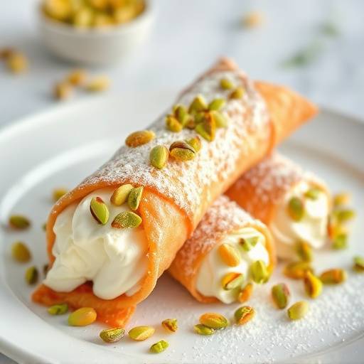Un vassoio di cannoli siciliani ripieni di ricotta e decorati con canditi e pistacchi