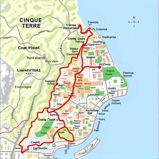 Una mappa dettagliata delle Cinque Terre con sentieri escursionistici evidenziati