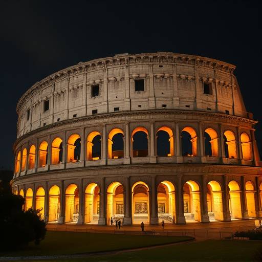 Veduta panoramica del Colosseo illuminato di notte a Roma