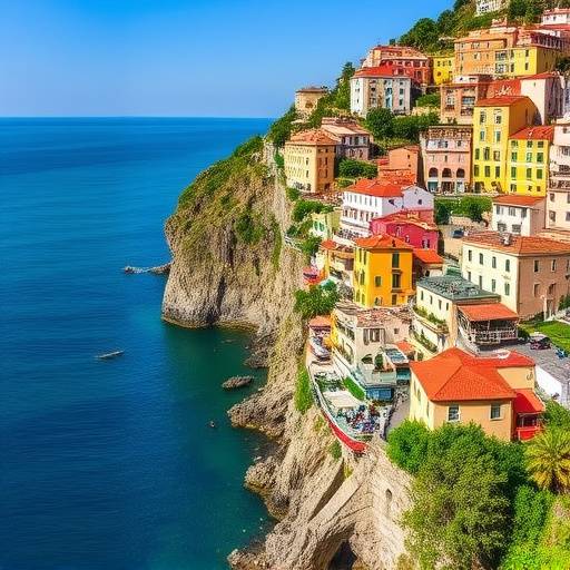 Veduta panoramica della Costiera Amalfitana con case colorate a picco sul mare blu