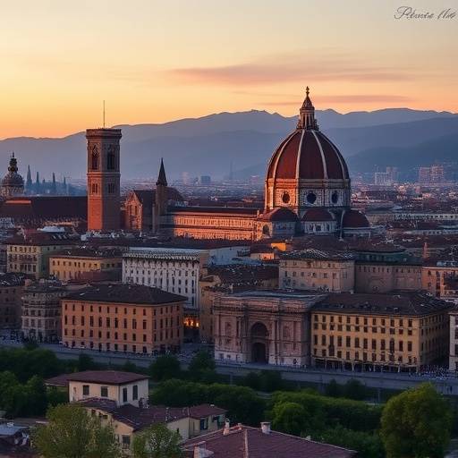 Veduta panoramica di Firenze con il Duomo in primo piano, illuminato dalla luce del tramonto